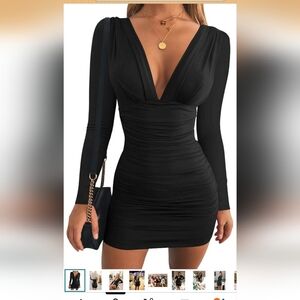 Black Long-Sleeve Ruched V-Neck Dress